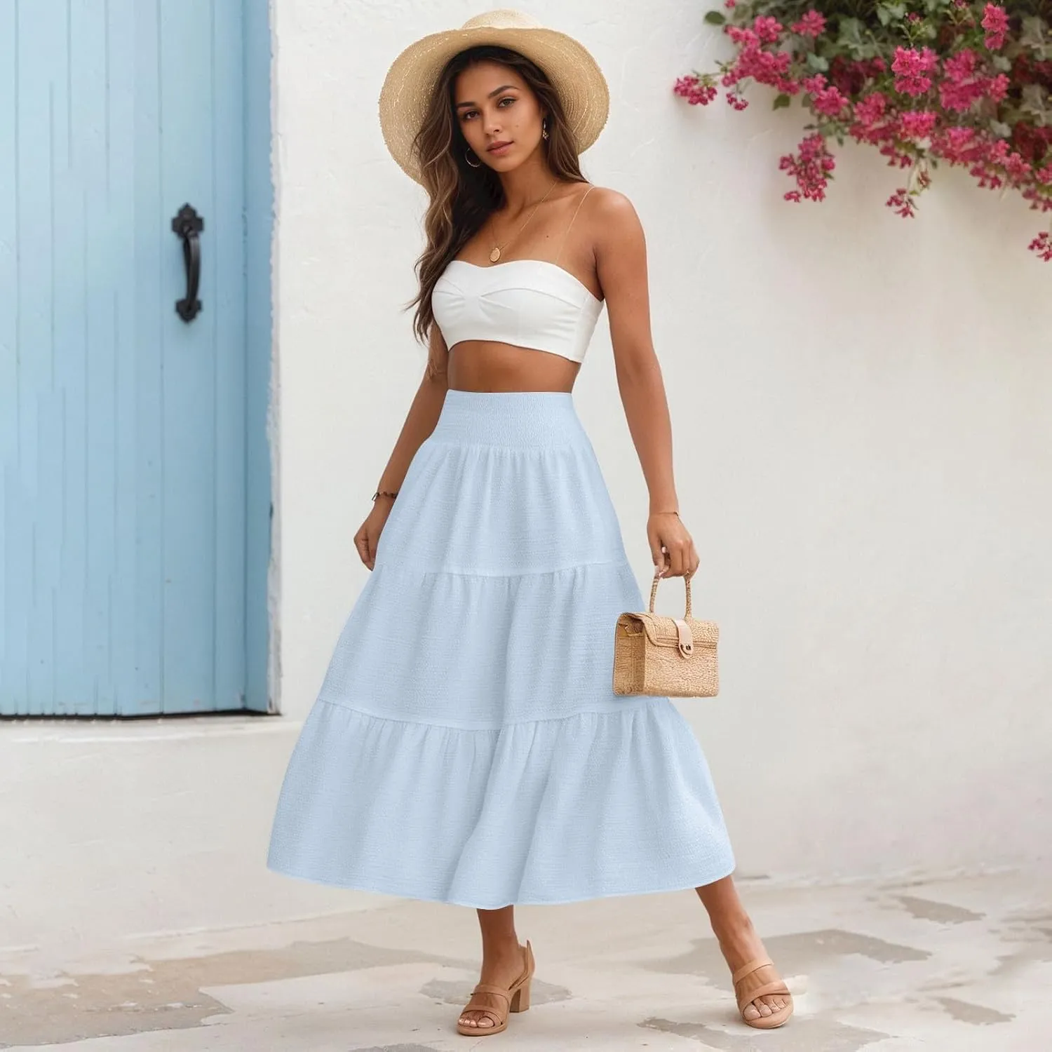 Summer Skirts for Women 2025 Vacation Elastic High Waisted Linen Maxi Skirt Casual Summer Beach Cover Up Skirts
