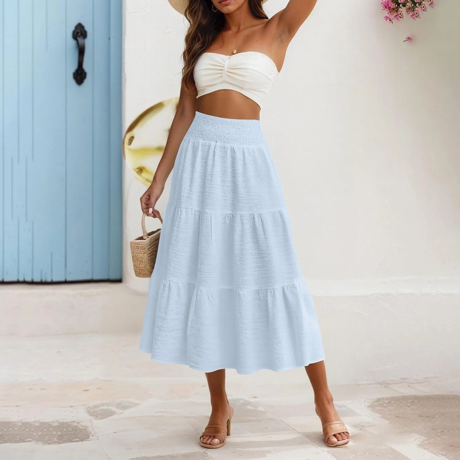 Summer Skirts for Women 2025 Vacation Elastic High Waisted Linen Maxi Skirt Casual Summer Beach Cover Up Skirts