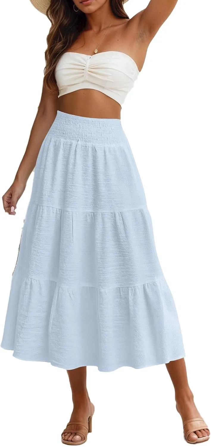 Summer Skirts for Women 2025 Vacation Elastic High Waisted Linen Maxi Skirt Casual Summer Beach Cover Up Skirts