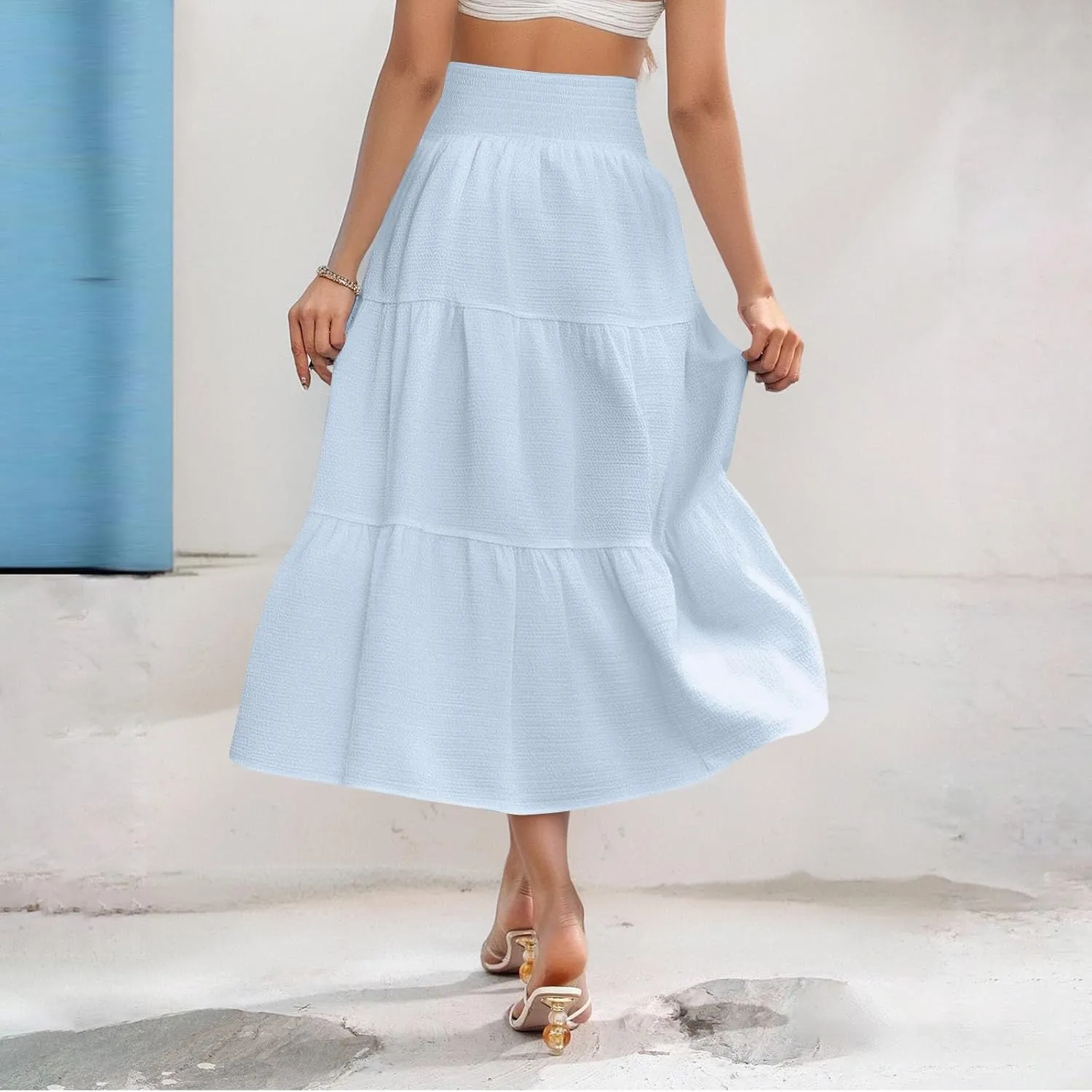 Summer Skirts for Women 2025 Vacation Elastic High Waisted Linen Maxi Skirt Casual Summer Beach Cover Up Skirts