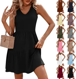 Summer Sundresses for Women 2025 V Neck Sleeveless Simple Tiered Short Tank Dress Flowy Swing Shift Aline Mini Dress