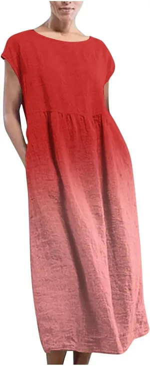 Summer Tank Dress for Women Cap Sleeve Loose Boho Midi Dress Casual Ombre Crew Neck Beach Dresses with Pockets
