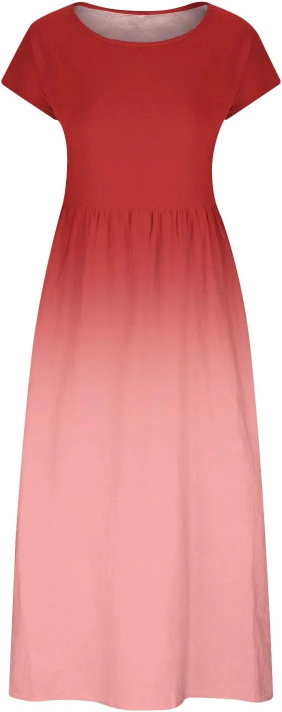 Summer Tank Dress for Women Cap Sleeve Loose Boho Midi Dress Casual Ombre Crew Neck Beach Dresses with Pockets