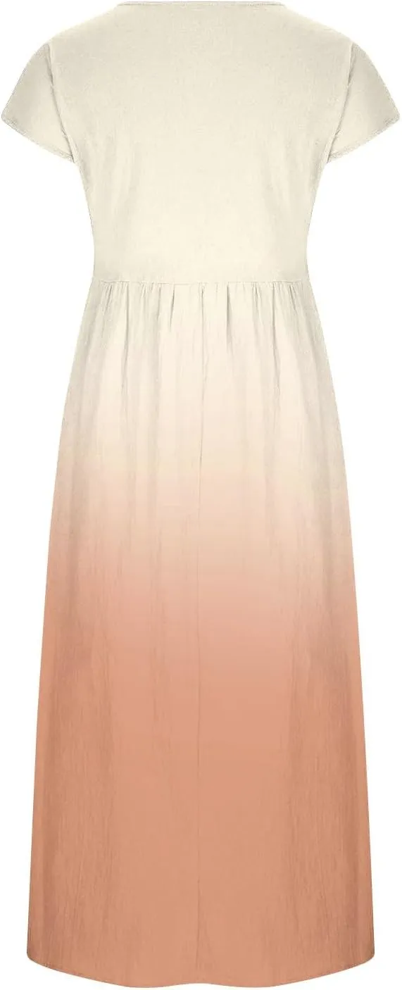 Summer Tank Dress for Women Cap Sleeve Loose Boho Midi Dress Casual Ombre Crew Neck Beach Dresses with Pockets