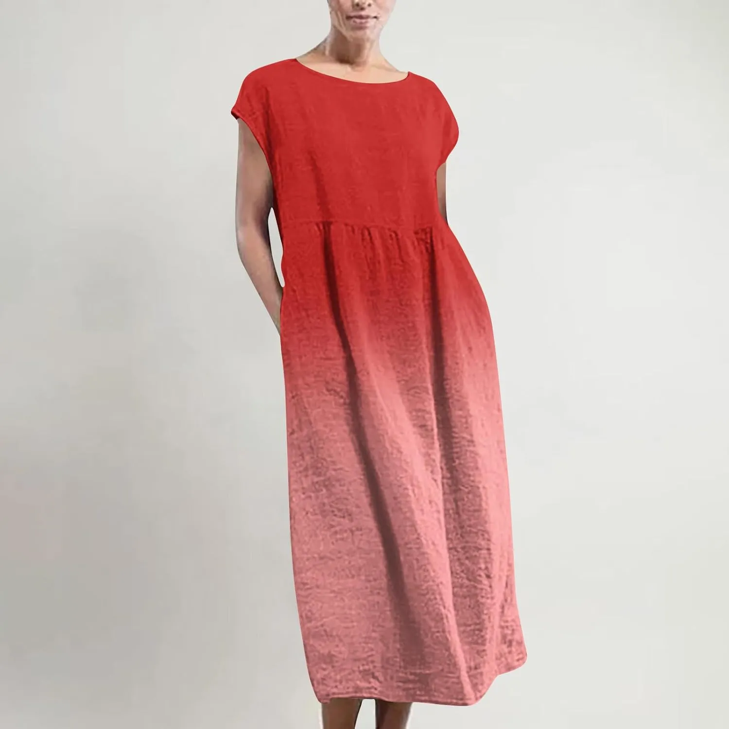 Summer Tank Dress for Women Cap Sleeve Loose Boho Midi Dress Casual Ombre Crew Neck Beach Dresses with Pockets