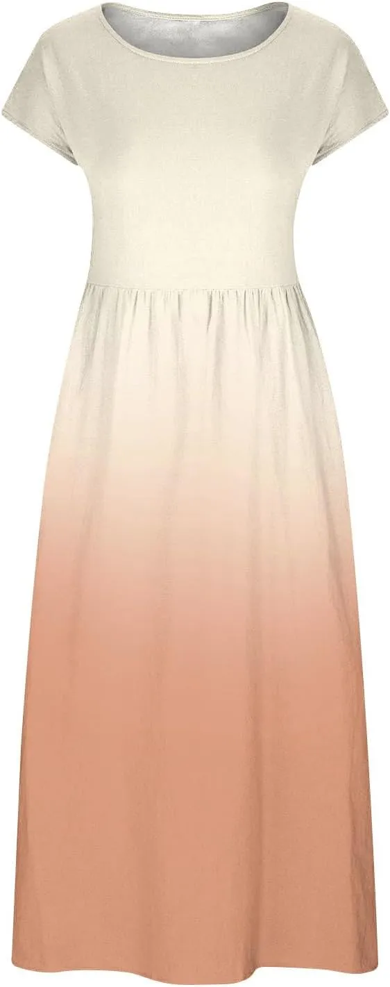 Summer Tank Dress for Women Cap Sleeve Loose Boho Midi Dress Casual Ombre Crew Neck Beach Dresses with Pockets