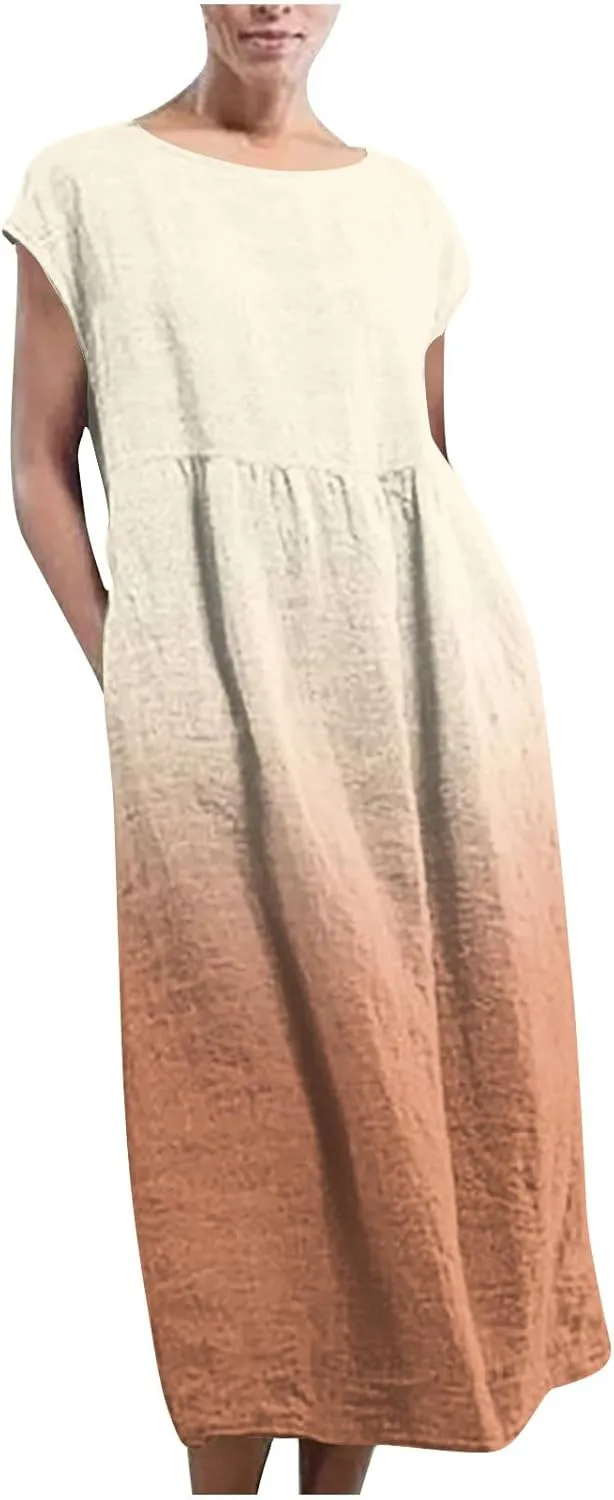 Summer Tank Dress for Women Cap Sleeve Loose Boho Midi Dress Casual Ombre Crew Neck Beach Dresses with Pockets
