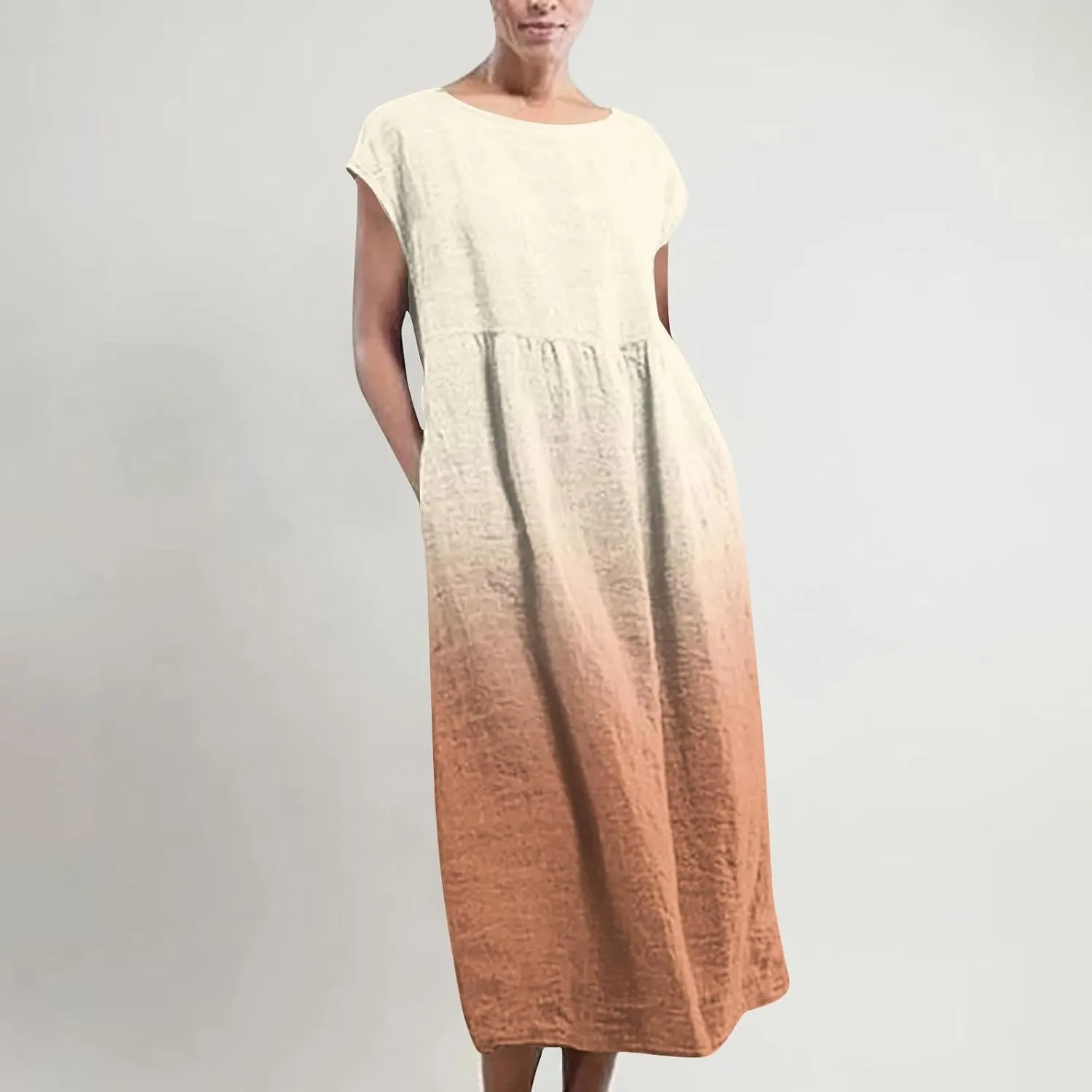 Summer Tank Dress for Women Cap Sleeve Loose Boho Midi Dress Casual Ombre Crew Neck Beach Dresses with Pockets