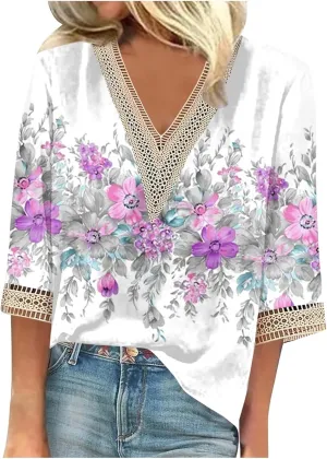 Summer Tops for Women 2024 3/4 Sleeve Bohemian T-Shirts for Womens V Neck Loose Frill Floral Trendy Shirt