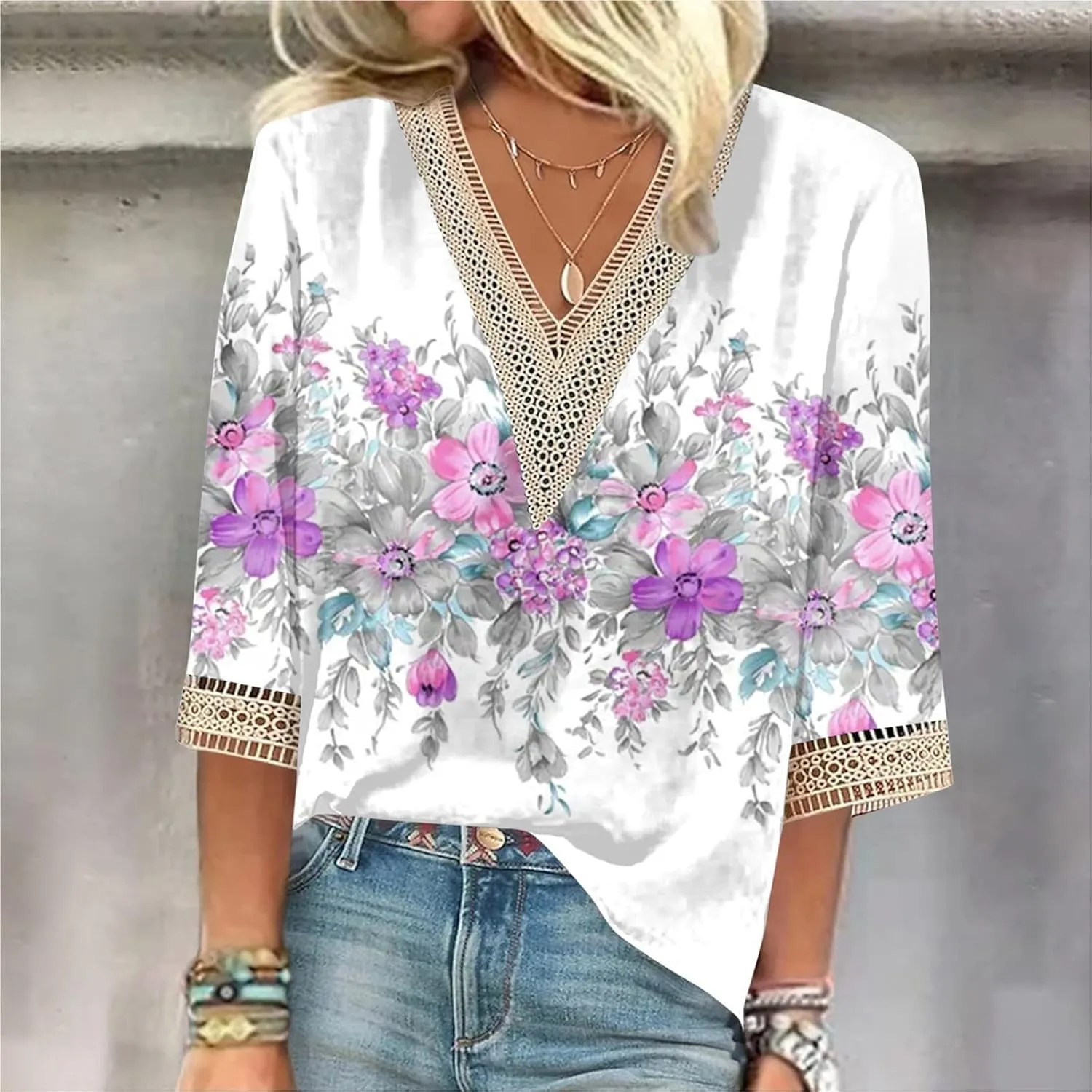 Summer Tops for Women 2024 3/4 Sleeve Bohemian T-Shirts for Womens V Neck Loose Frill Floral Trendy Shirt