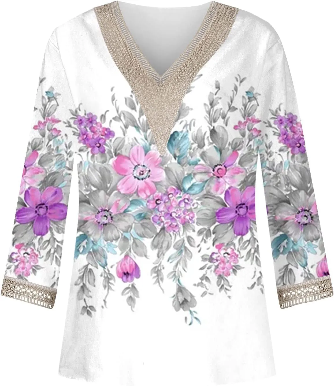 Summer Tops for Women 2024 3/4 Sleeve Bohemian T-Shirts for Womens V Neck Loose Frill Floral Trendy Shirt