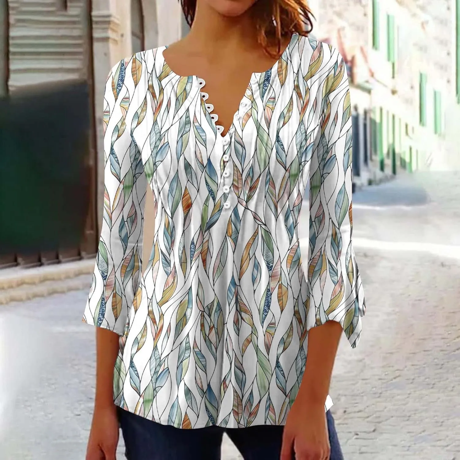 Summer Tops for Women Trendy Boho Vintage 3/4 Sleeve Tunic Blouse V-Neck T-Shirt Casual Floral Spring Fashion Outfits