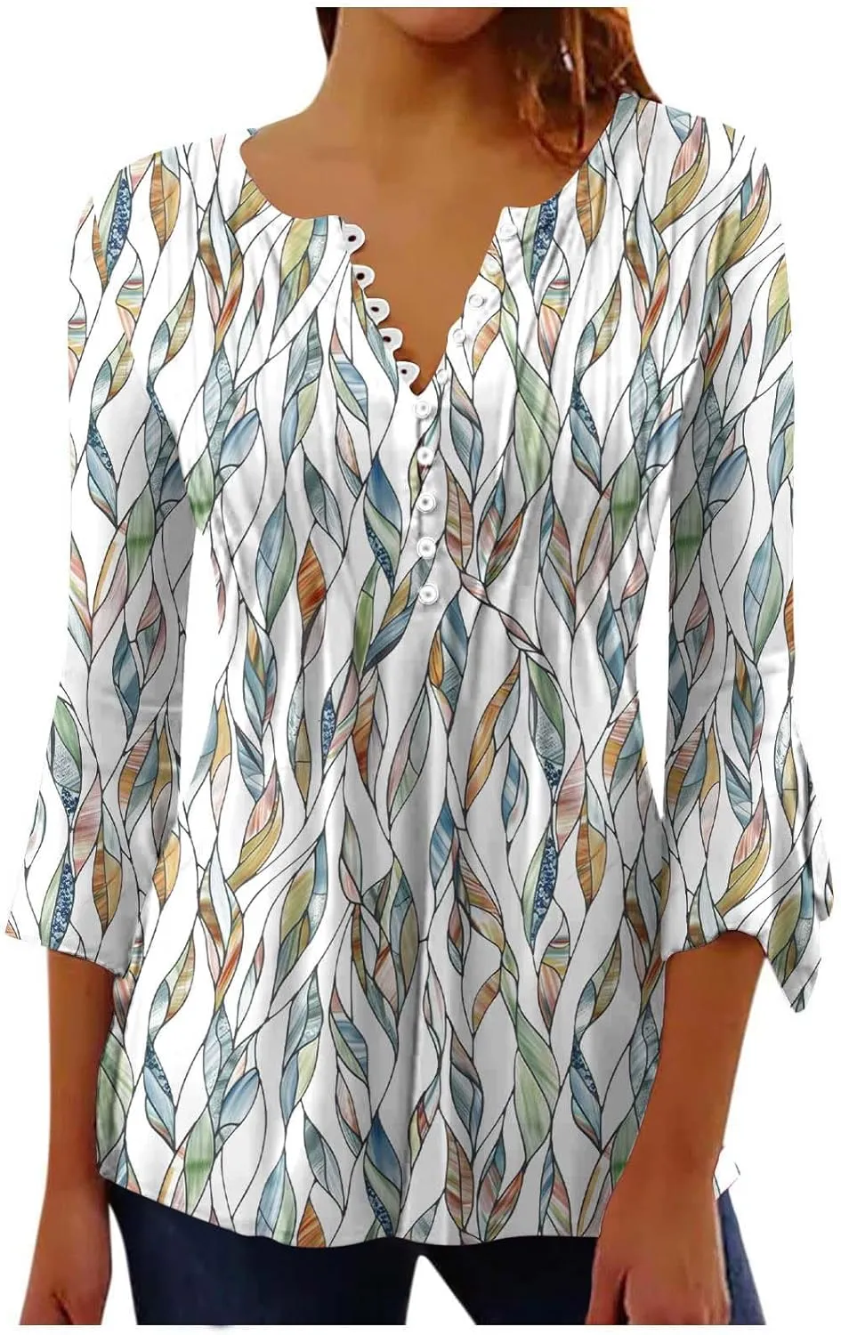 Summer Tops for Women Trendy Boho Vintage 3/4 Sleeve Tunic Blouse V-Neck T-Shirt Casual Floral Spring Fashion Outfits