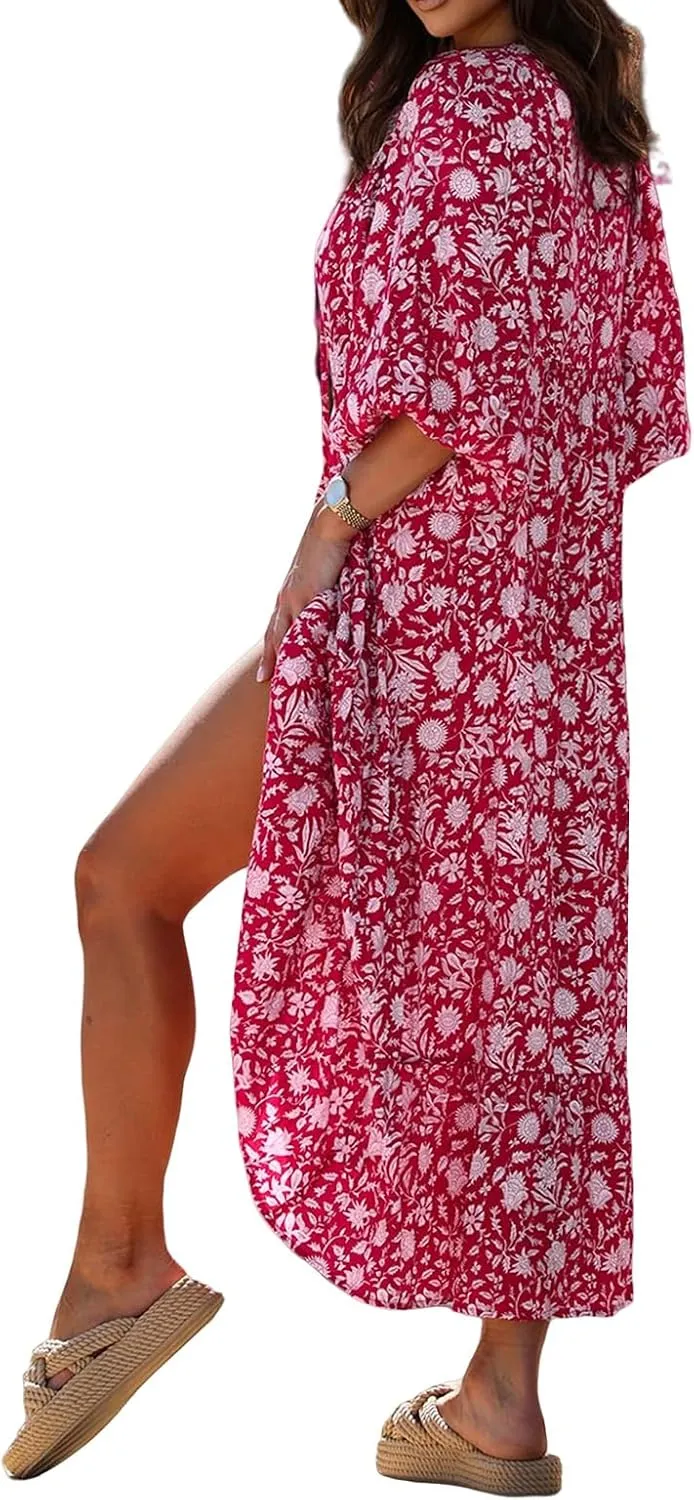 Sundresses for Women Boho Puff Sleeve V Neck Maxi Dress Loose Fit Casual Dresses Plus Size Fashion Trendy Dress 2025