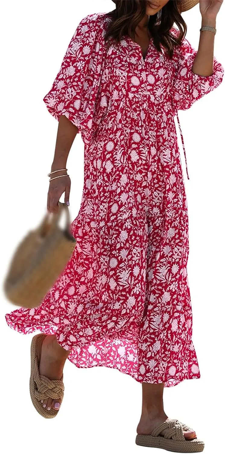 Sundresses for Women Boho Puff Sleeve V Neck Maxi Dress Loose Fit Casual Dresses Plus Size Fashion Trendy Dress 2025