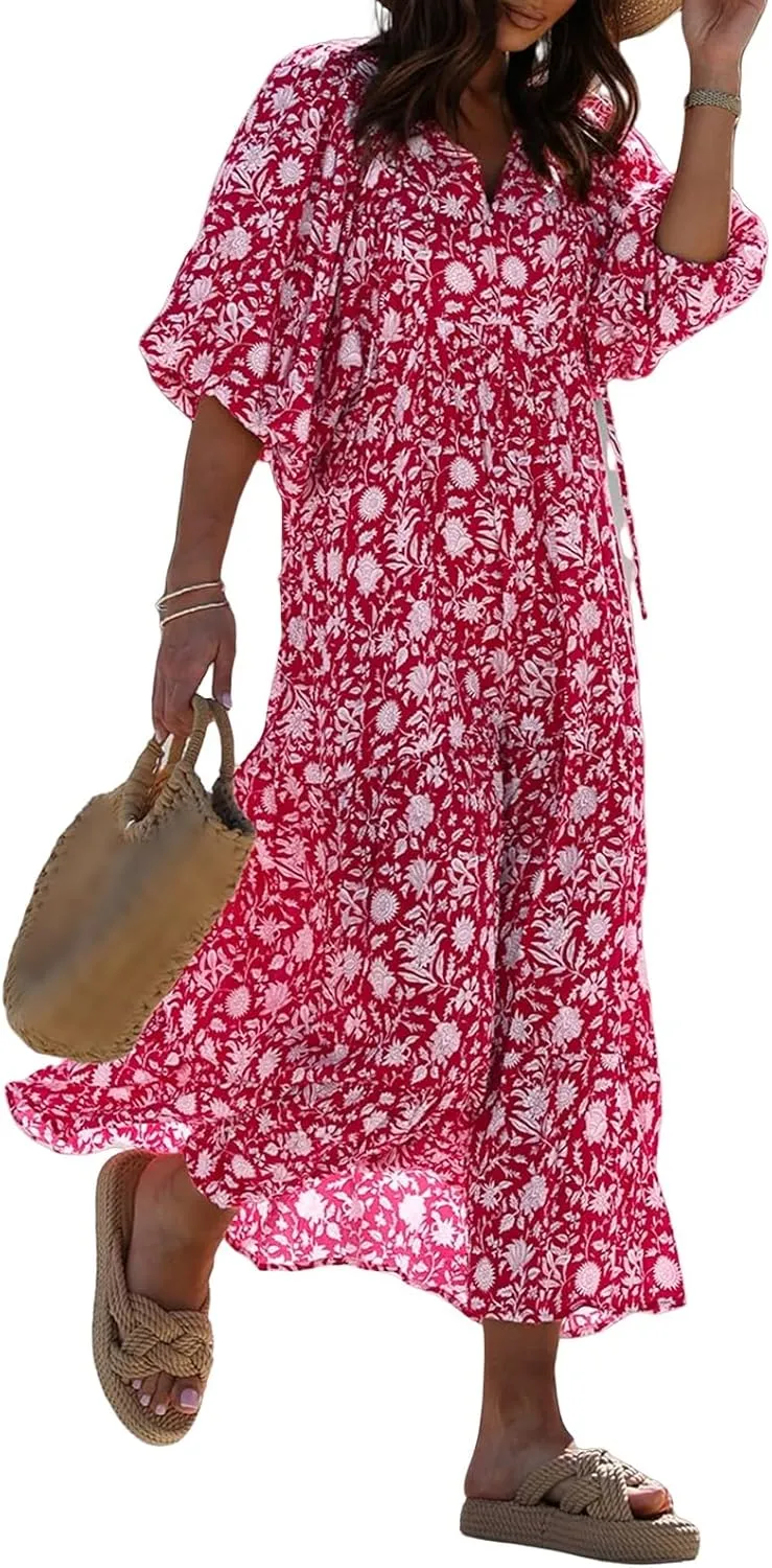 Sundresses for Women Boho Puff Sleeve V Neck Maxi Dress Loose Fit Casual Dresses Plus Size Fashion Trendy Dress 2025