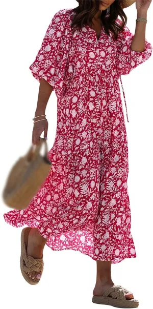 Sundresses for Women Boho Puff Sleeve V Neck Maxi Dress Loose Fit Casual Dresses Plus Size Fashion Trendy Dress 2025