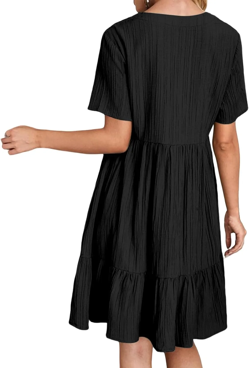 Sundresses for Women Summer Loose Fit V Neck Short Sleeve Mini Dress Ruffle Pleated Waist Layered Dresses 2025