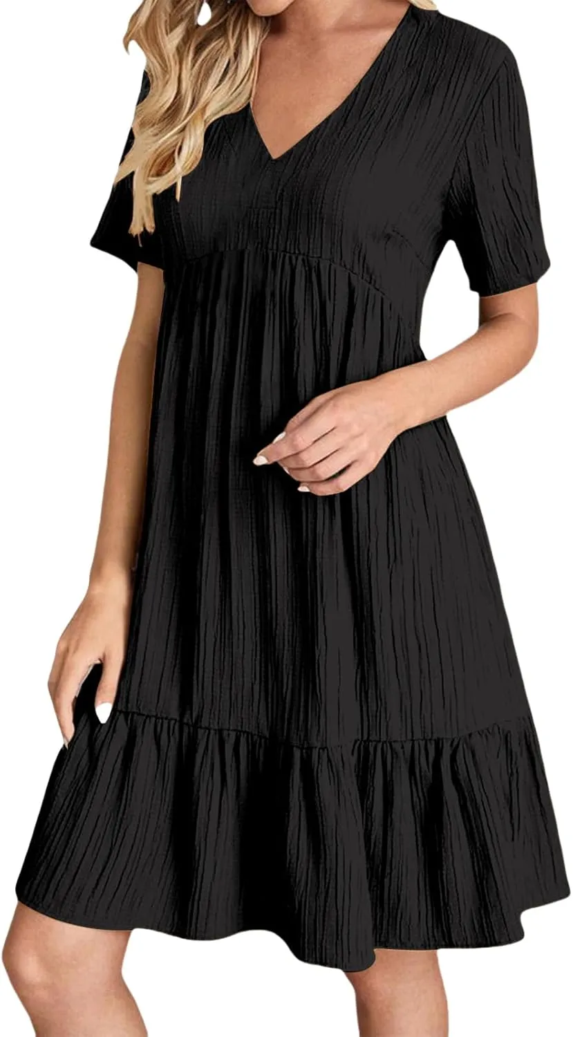 Sundresses for Women Summer Loose Fit V Neck Short Sleeve Mini Dress Ruffle Pleated Waist Layered Dresses 2025