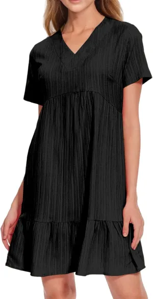 Sundresses for Women Summer Loose Fit V Neck Short Sleeve Mini Dress Ruffle Pleated Waist Layered Dresses 2025