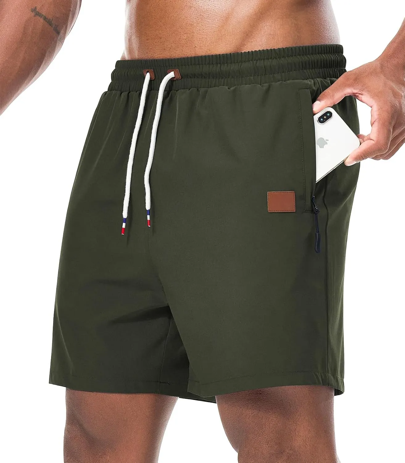 Surenow Mens Casual Shorts Running Gym Shorts Drawstring Elastic Waist Shorts Stretch Summer Beach Shorts with Zipper Pockets