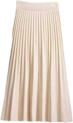 Suwequest Knitted Skirt Women Mid-Length Spring Autumn Elastic High Waist Thin A-Line Wool Pleated Long Skirt Female Creamy-White One Size