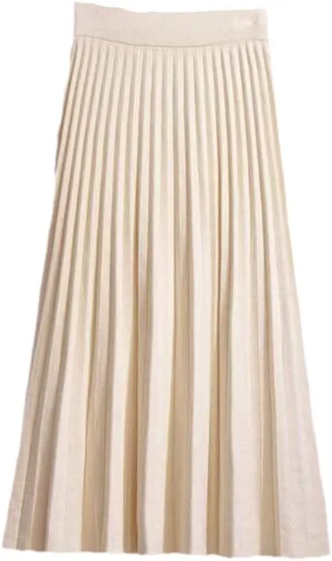 Suwequest Knitted Skirt Women Mid-Length Spring Autumn Elastic High Waist Thin A-Line Wool Pleated Long Skirt Female Creamy-White One Size