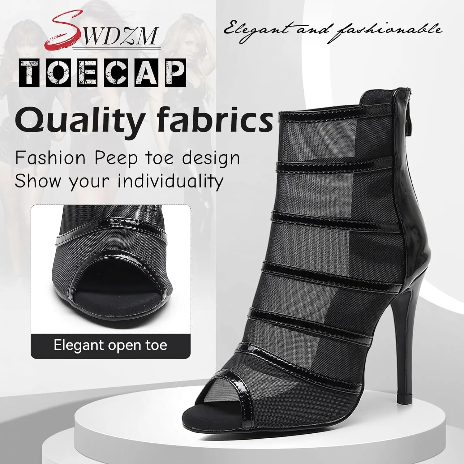 SWDZM Women Peep Toe Dance Booties Mesh Latin Ballroom High Ankle Dance Shoes