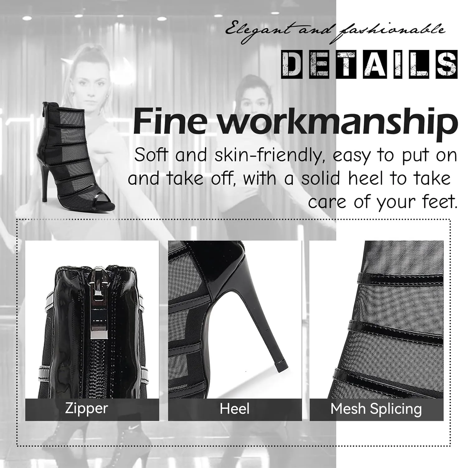 SWDZM Women Peep Toe Dance Booties Mesh Latin Ballroom High Ankle Dance Shoes