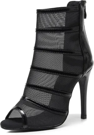 SWDZM Women Peep Toe Dance Booties Mesh Latin Ballroom High Ankle Dance Shoes