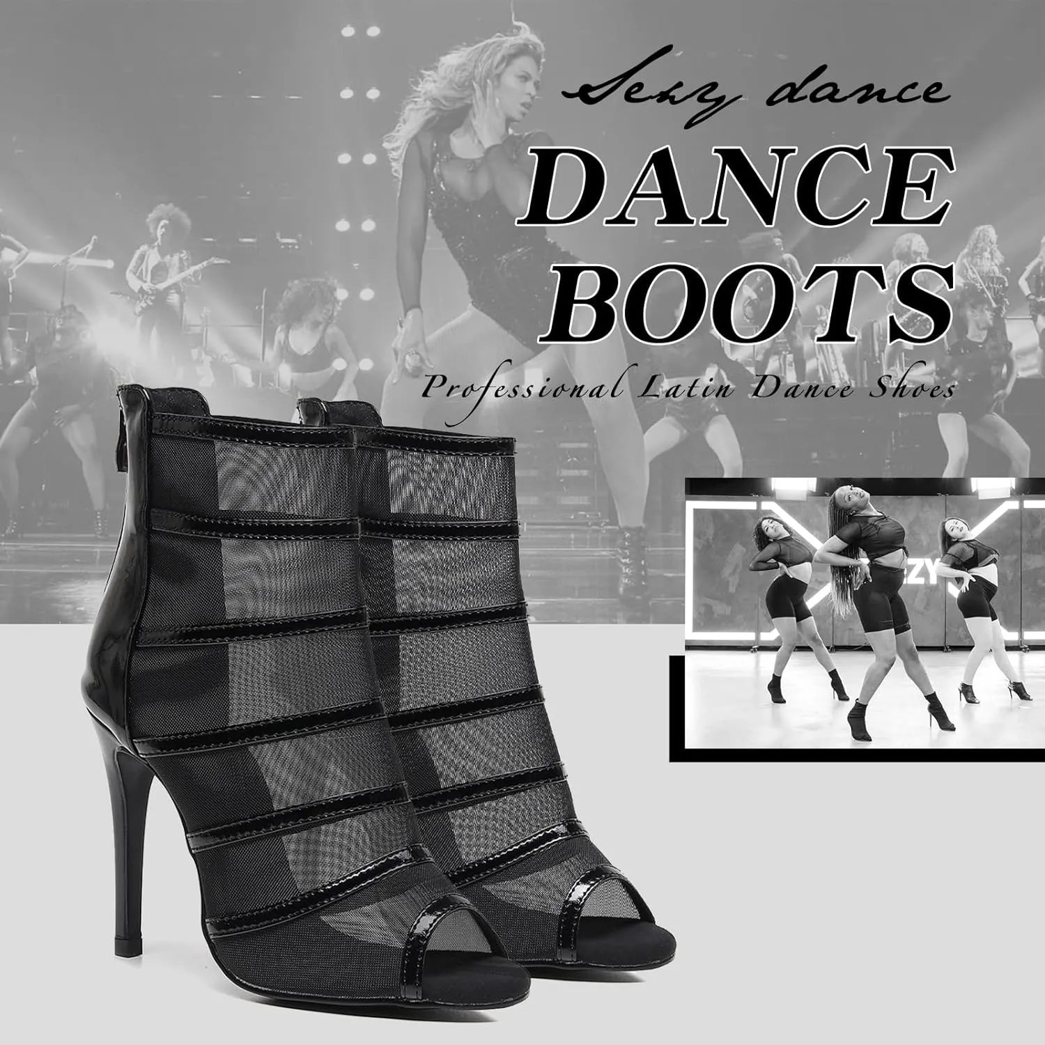 SWDZM Women Peep Toe Dance Booties Mesh Latin Ballroom High Ankle Dance Shoes