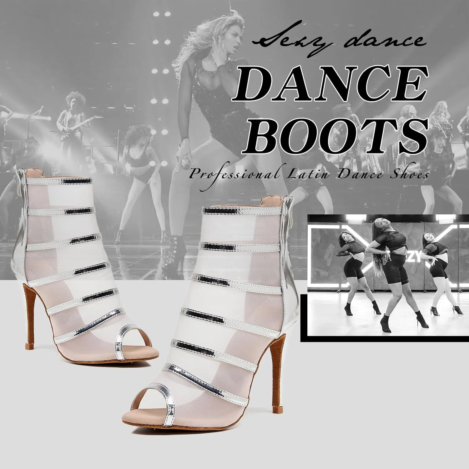 SWDZM Women Peep Toe Dance Booties Mesh Latin Ballroom High Ankle Dance Shoes