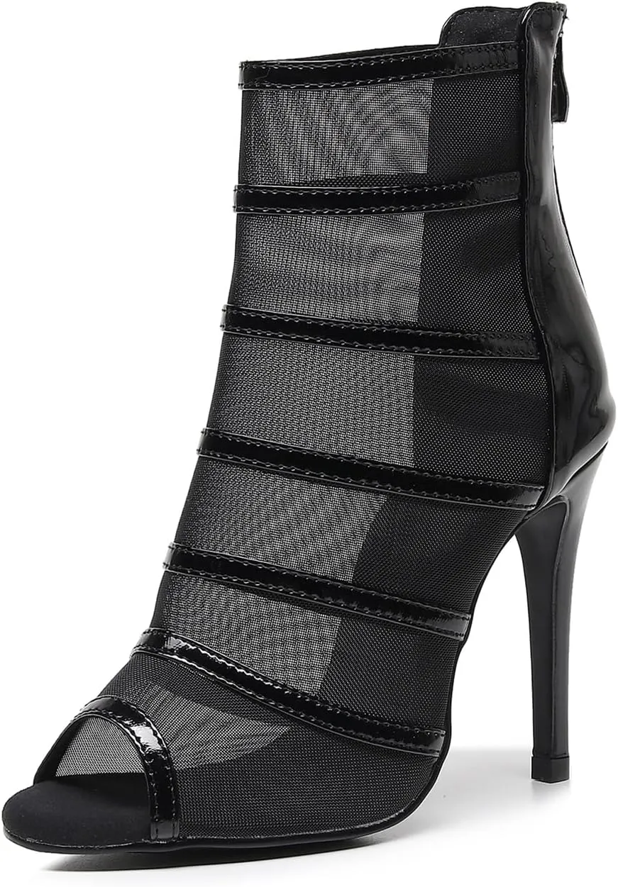 SWDZM Women Peep Toe Dance Booties Mesh Latin Ballroom High Ankle Dance Shoes