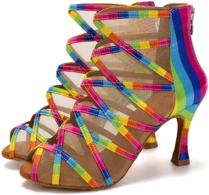 SWDZM Women's Latin Dance Shoes Mesh Peep Toe Salsa Ballroom Lace-up Ankle Dance Boots,Model L445