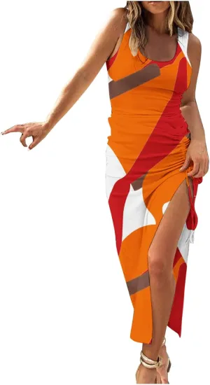 TANGNADE Women Bodycon Maxi Dress Sleeveless Drawstring Ruched Basic Party Club Slim Fit Trendy Casual Tank Dress