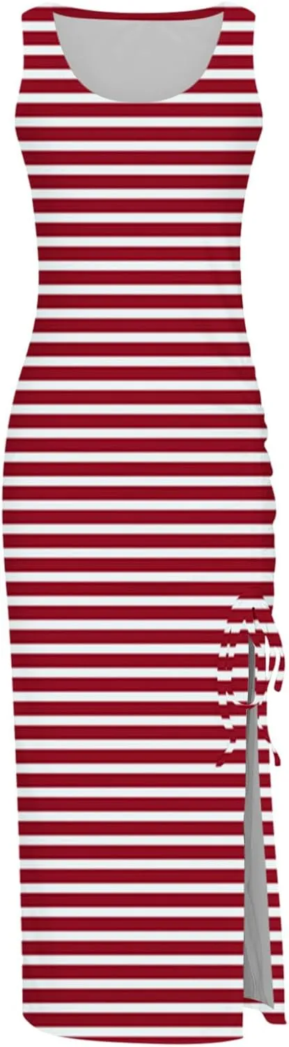 TANGNADE Women Bodycon Maxi Dress Sleeveless Drawstring Ruched Basic Party Club Slim Fit Trendy Casual Tank Dress