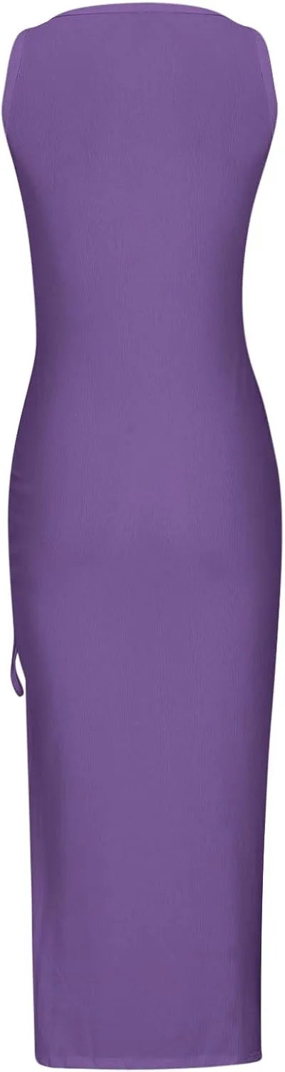 TANGNADE Women Bodycon Maxi Dress Sleeveless Drawstring Ruched Basic Party Club Slim Fit Trendy Casual Tank Dress