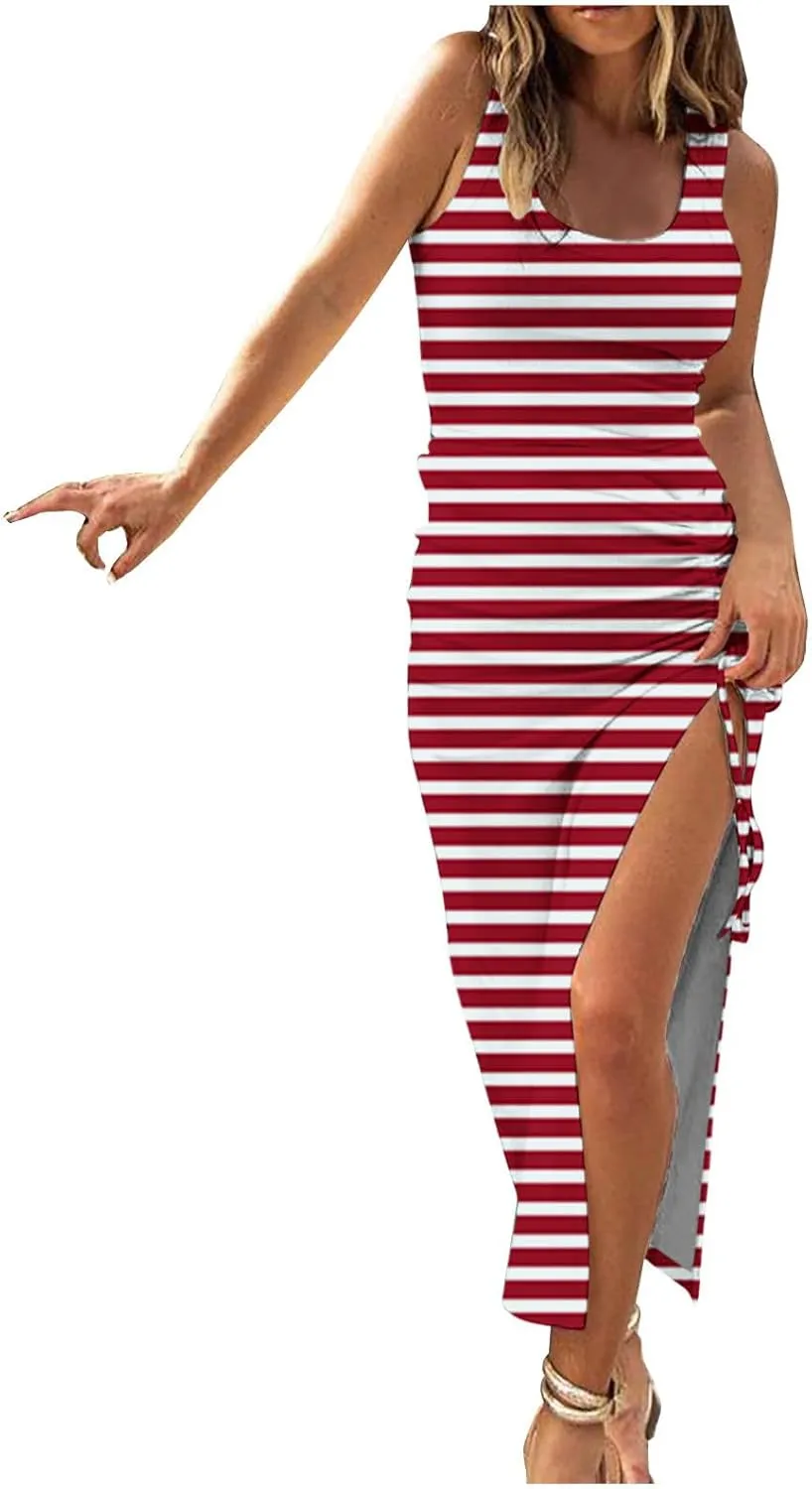 TANGNADE Women Bodycon Maxi Dress Sleeveless Drawstring Ruched Basic Party Club Slim Fit Trendy Casual Tank Dress