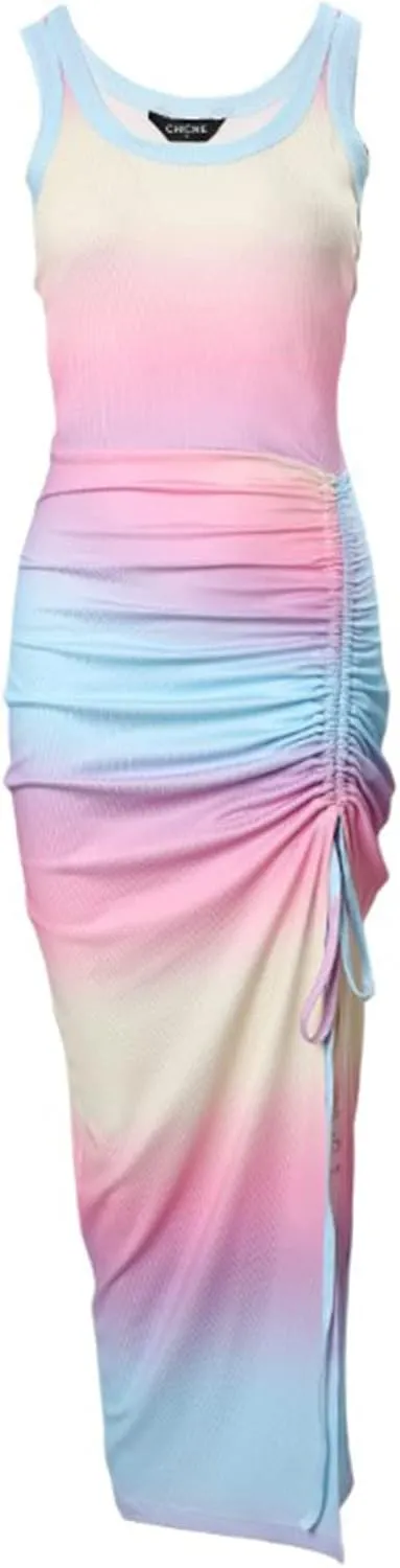 TANGNADE Women Bodycon Maxi Dress Sleeveless Drawstring Ruched Basic Party Club Slim Fit Trendy Casual Tank Dress
