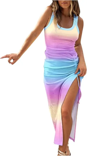 TANGNADE Women Bodycon Maxi Dress Sleeveless Drawstring Ruched Basic Party Club Slim Fit Trendy Casual Tank Dress