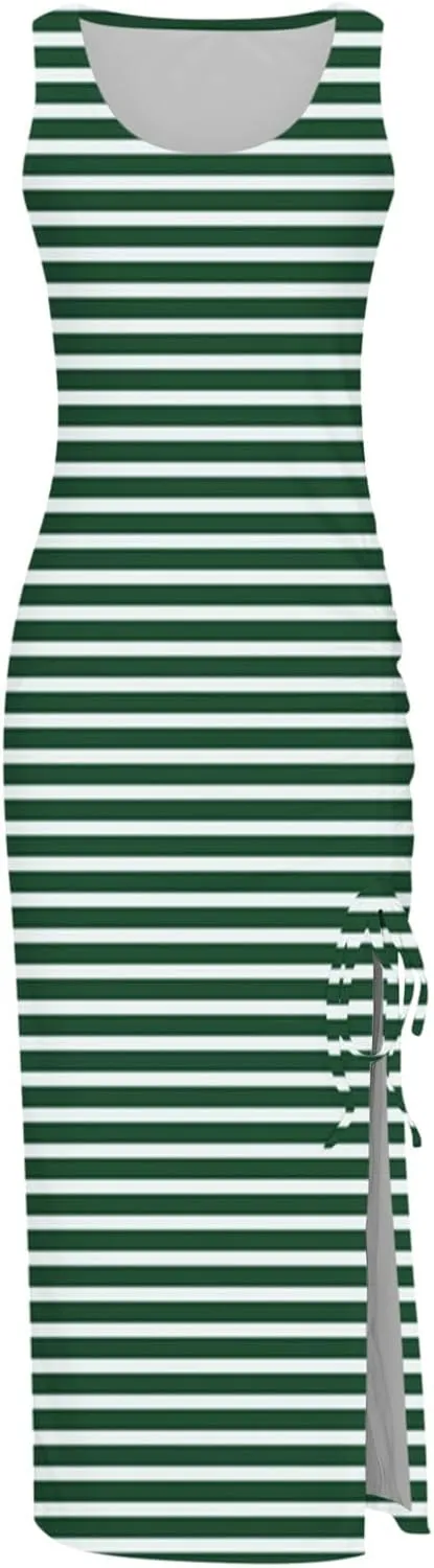 TANGNADE Women Bodycon Maxi Dress Sleeveless Drawstring Ruched Basic Party Club Slim Fit Trendy Casual Tank Dress
