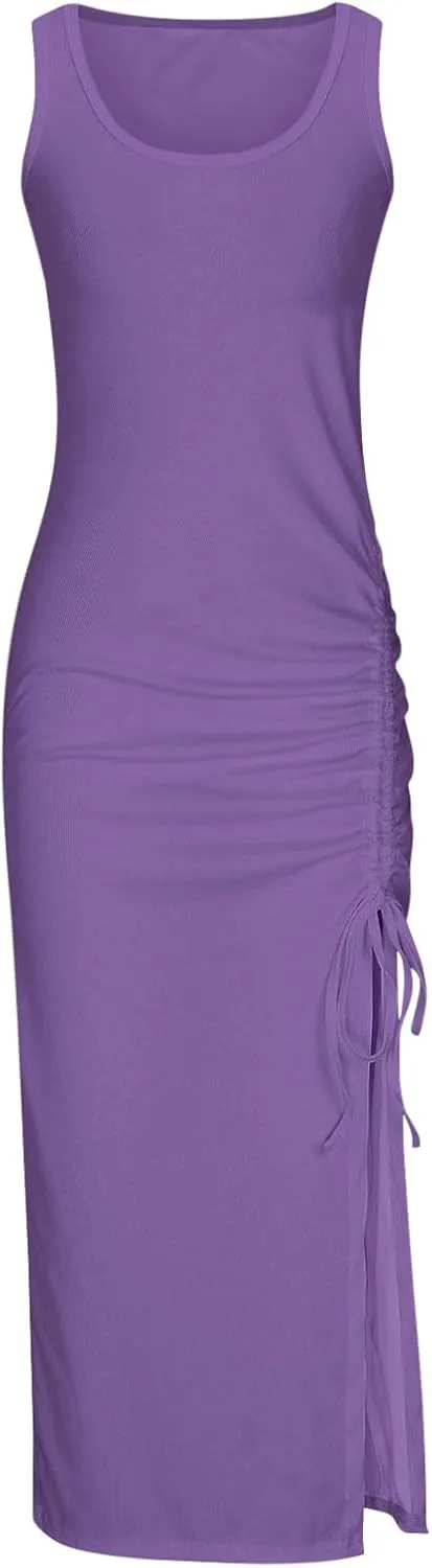 TANGNADE Women Bodycon Maxi Dress Sleeveless Drawstring Ruched Basic Party Club Slim Fit Trendy Casual Tank Dress