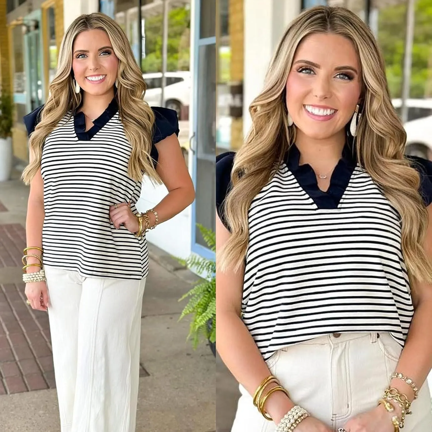 Tankaneo Womens Ruffle Cap Sleeve Tank Tops Summer Casual Cute Color Block Striped Tshirts Pleated V Neck Shirts
