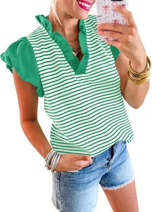 Tankaneo Womens Ruffle Cap Sleeve Tank Tops Summer Casual Cute Color Block Striped Tshirts Pleated V Neck Shirts