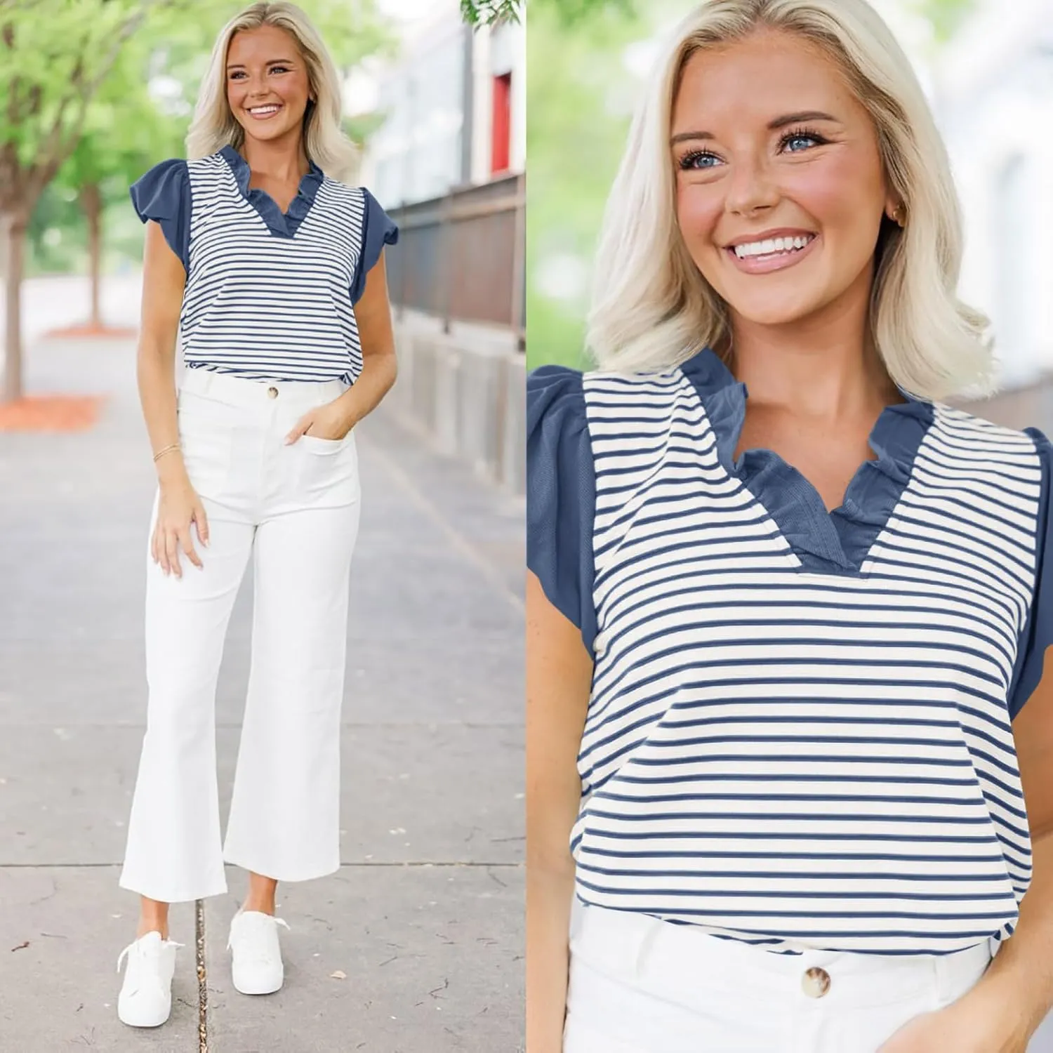 Tankaneo Womens Ruffle Cap Sleeve Tank Tops Summer Casual Cute Color Block Striped Tshirts Pleated V Neck Shirts