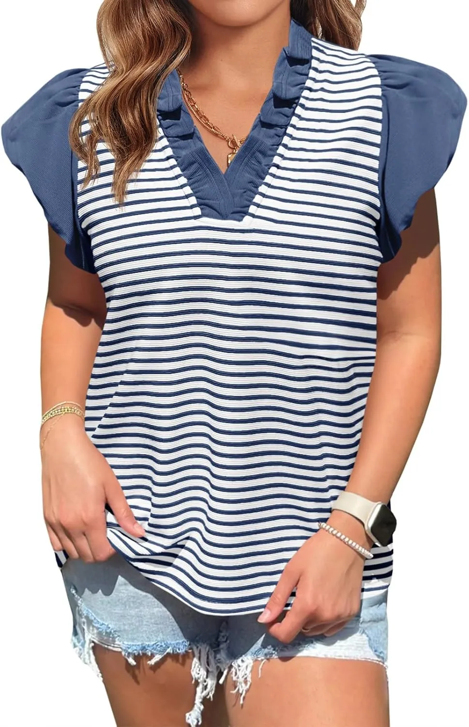Tankaneo Womens Ruffle Cap Sleeve Tank Tops Summer Casual Cute Color Block Striped Tshirts Pleated V Neck Shirts
