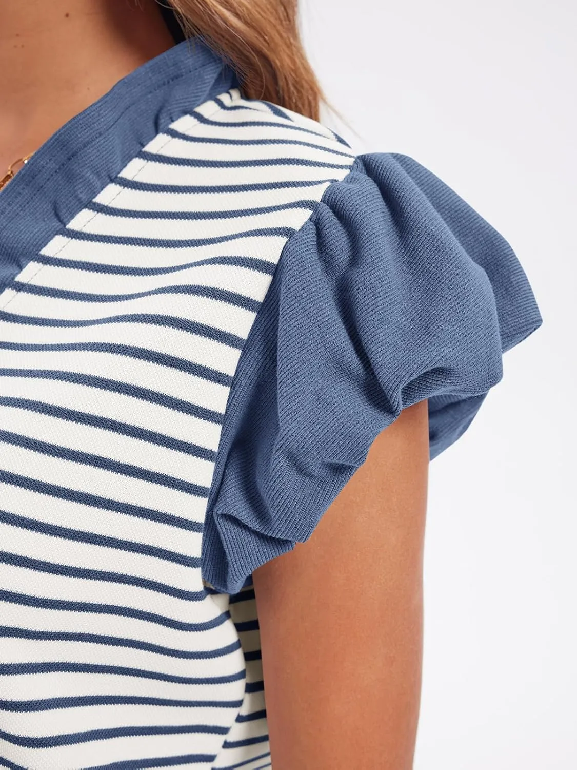 Tankaneo Womens Ruffle Cap Sleeve Tank Tops Summer Casual Cute Color Block Striped Tshirts Pleated V Neck Shirts