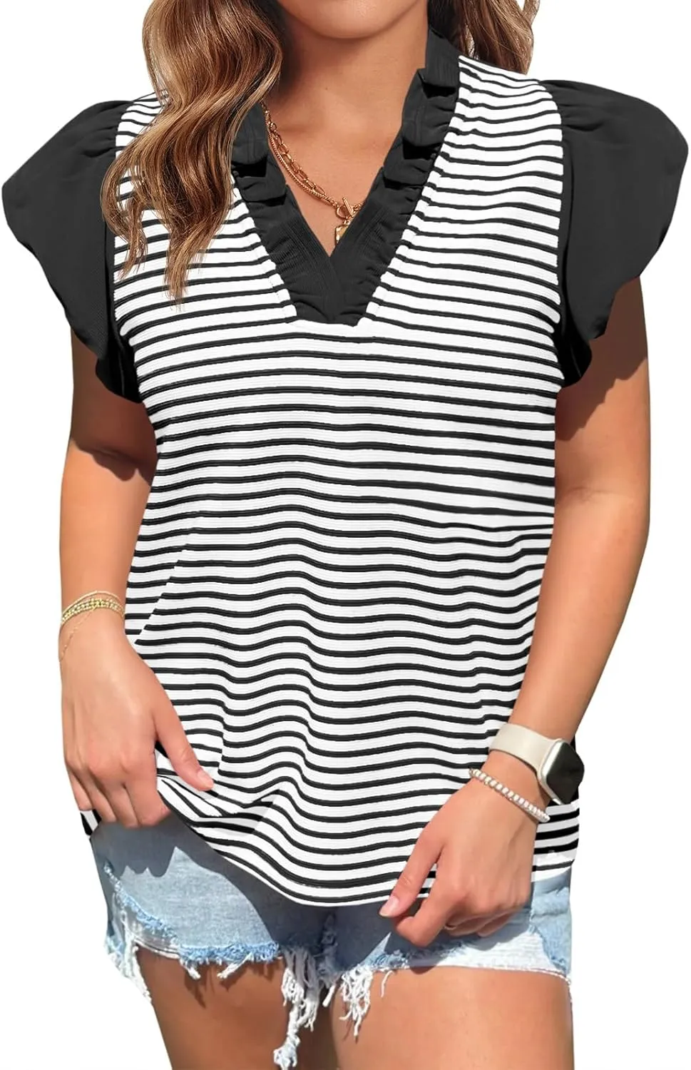 Tankaneo Womens Ruffle Cap Sleeve Tank Tops Summer Casual Cute Color Block Striped Tshirts Pleated V Neck Shirts