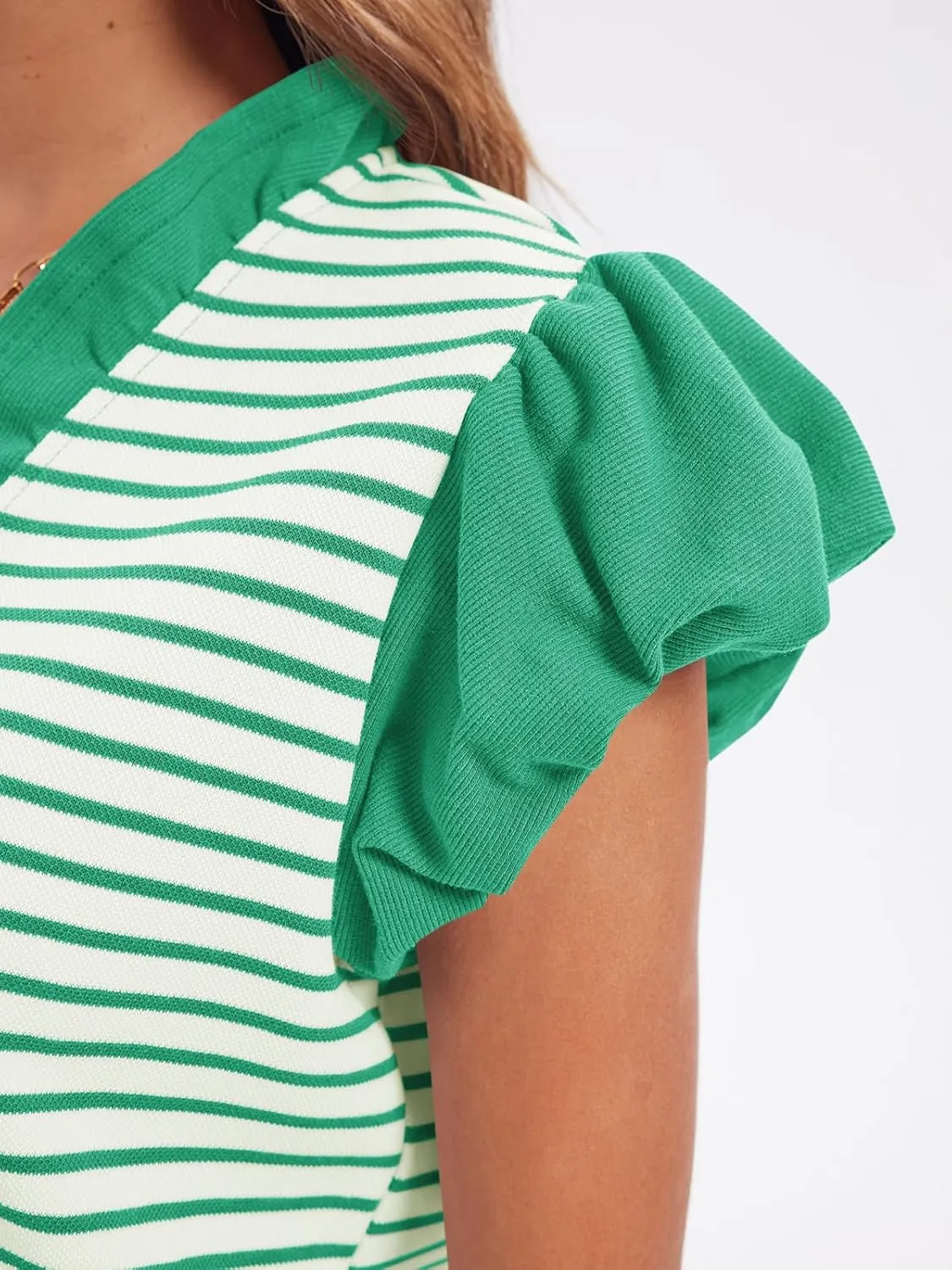 Tankaneo Womens Ruffle Cap Sleeve Tank Tops Summer Casual Cute Color Block Striped Tshirts Pleated V Neck Shirts
