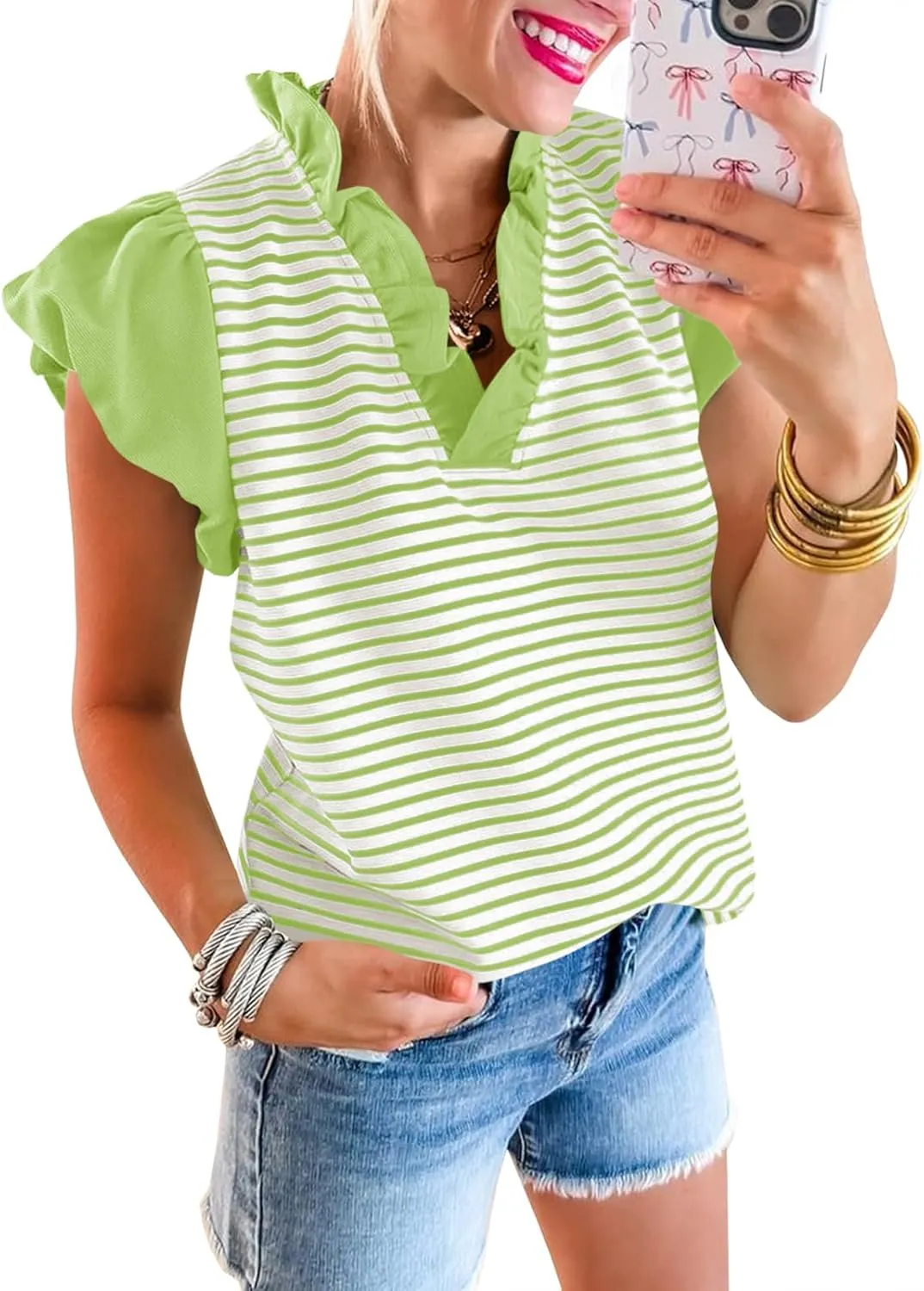 Tankaneo Womens Ruffle Cap Sleeve Tank Tops Summer Casual Cute Color Block Striped Tshirts Pleated V Neck Shirts